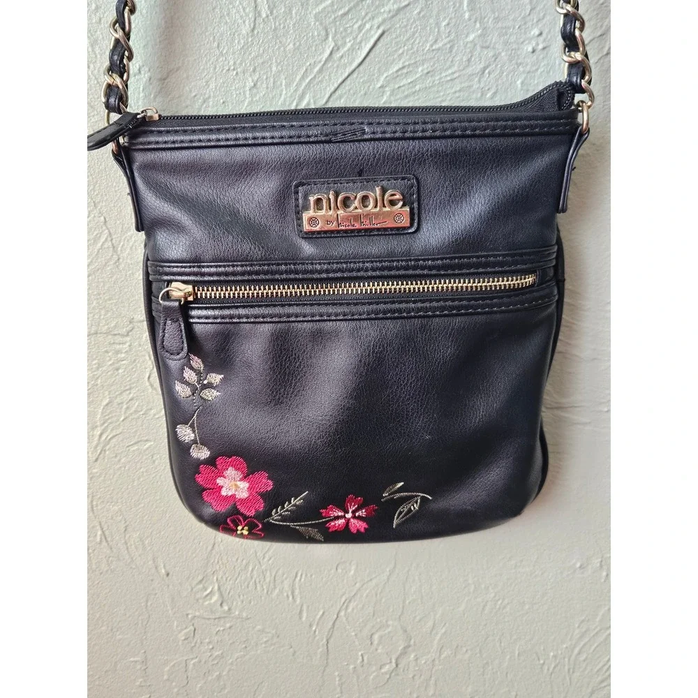 Nicole Miller Black Faux Leather‎ Crossbody Bag Floral Embroidery Chain Strap
